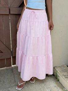 Falda casual de mujer con volantes en el bajo, estampado floral diminuto y tejido - Rosa - Ver 3