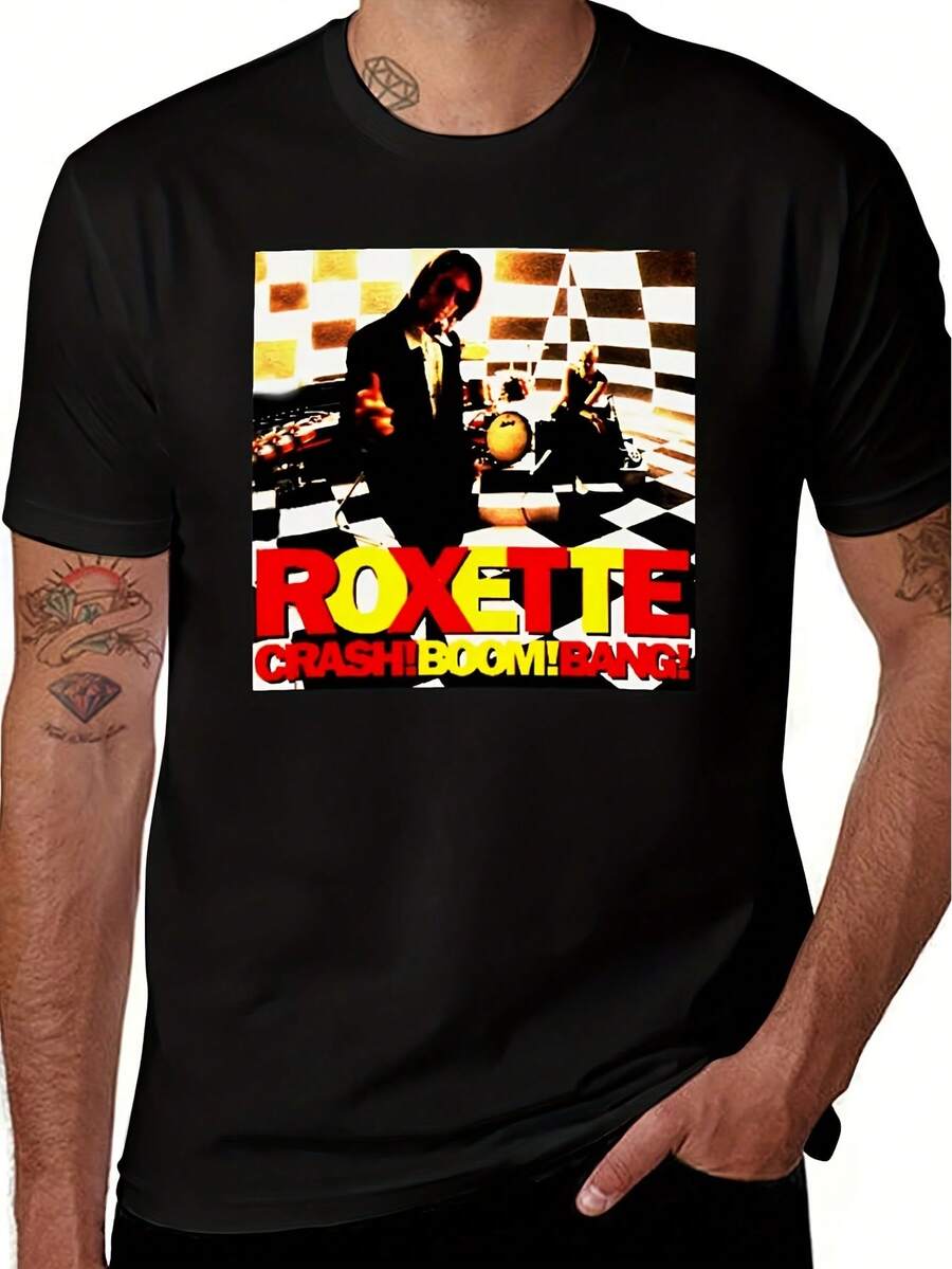 Camiseta de Verano Estilo Vintage Americano con Estampado Divertido de la Banda Roxette<crash boom="" bang="">Estampado de la portada, Unisex - Negro - Ver 1