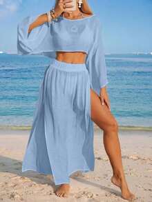 Nevyona Conjunto de dos piezas de cubrecuerpo casual de manga larga y abertura para mujer, color blanco - Celeste - Ver 6