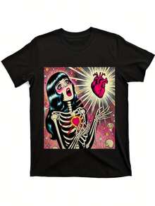 Camiseta unisex retro con diseño de calaveras de dibujos animados y corazones y estrellas - pantalones cortos de algodón negro con cuello redondo, estilo casual urbano, ajuste cómodo para todas las estaciones, ropa informal.| Camiseta con Estampado Divertido| Camisa forrada de algodón camisas de mujer sudaderas para mujer sueter blusa casual mujer verano vestidos de graduación - Negro - Ver 6