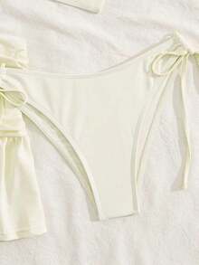 Conjunto de 3 piezas de top camiseta deportiva casual y de unicolor con shorts de natación con cordón, falda plisada con volantes, tela de estiramiento medio, traje de baño bikini para vacaciones, playa, piscina, en la playa, verano - Beis - Ver 2