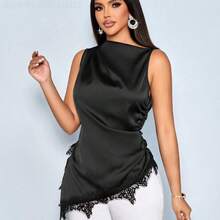Soqi Women's Clothing  Blusa de satén elegante y minimalista para mujer con cuello alto simulado, recorte de encaje negro, parche y bajo asimétrico sin mangas - Amarillo - Ver 4