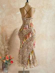 Vestido de verano/primavera casual para vacaciones, boda en la playa, invitado de boda, graduación, brunch, elegante vestido bohemio tropical con volantes, voluminoso, estampado de leopardo, diseño espalda descubierta - Multicolor 2 - Ver 9