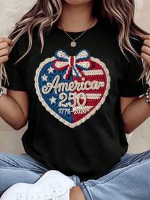1 pieza Camiseta con diseño de corazón para la celebración del Día de la Independencia de América 250, patriótica 1776 2026, ropa para el Festival del 4 de julio para mujeres y hombres, atuendo casual de verano, 220g180g Algodón 100%. - Negro - Ver 1