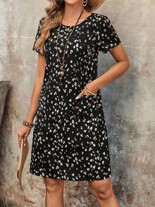 Vestido casual de vacaciones con estampado integral y bolsillos para mujer - Negro - Ver 8