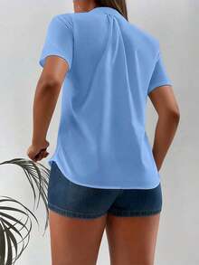 Camisa de mujer de moda de manga corta y abotonadura sencilla - Azul - Ver 2