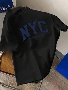Camiseta de Manga Corta para Hombres Talla Grande, 100% Algodón, Estampado de Letras NYC, Cuello Redondo, Simple, Moderna y Versátil. Cómoda Camiseta Casual de Manga Corta para Verano, TALLA GRANDE - Negro - Ver 2