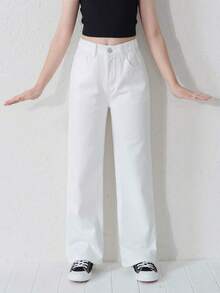 European Girls' School Fashion Loose Wide Leg Denim Jeans, White Casual Versatile Street Style Straight Leg Denim Jeans - White - View 4