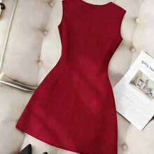 guangzhougaolangshangmao   Vestido de mujer de unicolor, cuello redondo, ajustado, con lazo delantero y sin mangas - Rojo - Ver 4