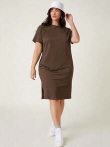Vestido casual para cena y citas de tallas grandes con abertura lateral y color sólido - Marrón - Ver 5