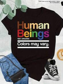 Camiseta Casual para Mujer, 100% Orgánica, Colores Pueden Variar, Estampado Gráfico Vintage, Camiseta de Manga Corta para Primavera/Verano/Otoño, Cuello Redondo, Top Cómodo, Adecuada para Uso Diario, Vacaciones, Ropa de Exterior, Camiseta de Algodón - Negro - Ver 7