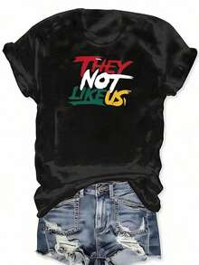 Camiseta Casual de Manga Corta con Cuello Redondo y Estampado de Letras "Dont" en Tejido de Punto de Poliéster, Top Casual para Verano y Primavera, Ropa de Tallas Grandes para Mujer - Negro - Ver 3