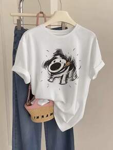 Camiseta Casual de Manga Corta para Mujer - Estampado Divertido de Perro, Ligera y Transpirable para Primavera y Verano, Cómoda para Lavadora, Corte Relajado, Camisa Pura - Blanco - Ver 1