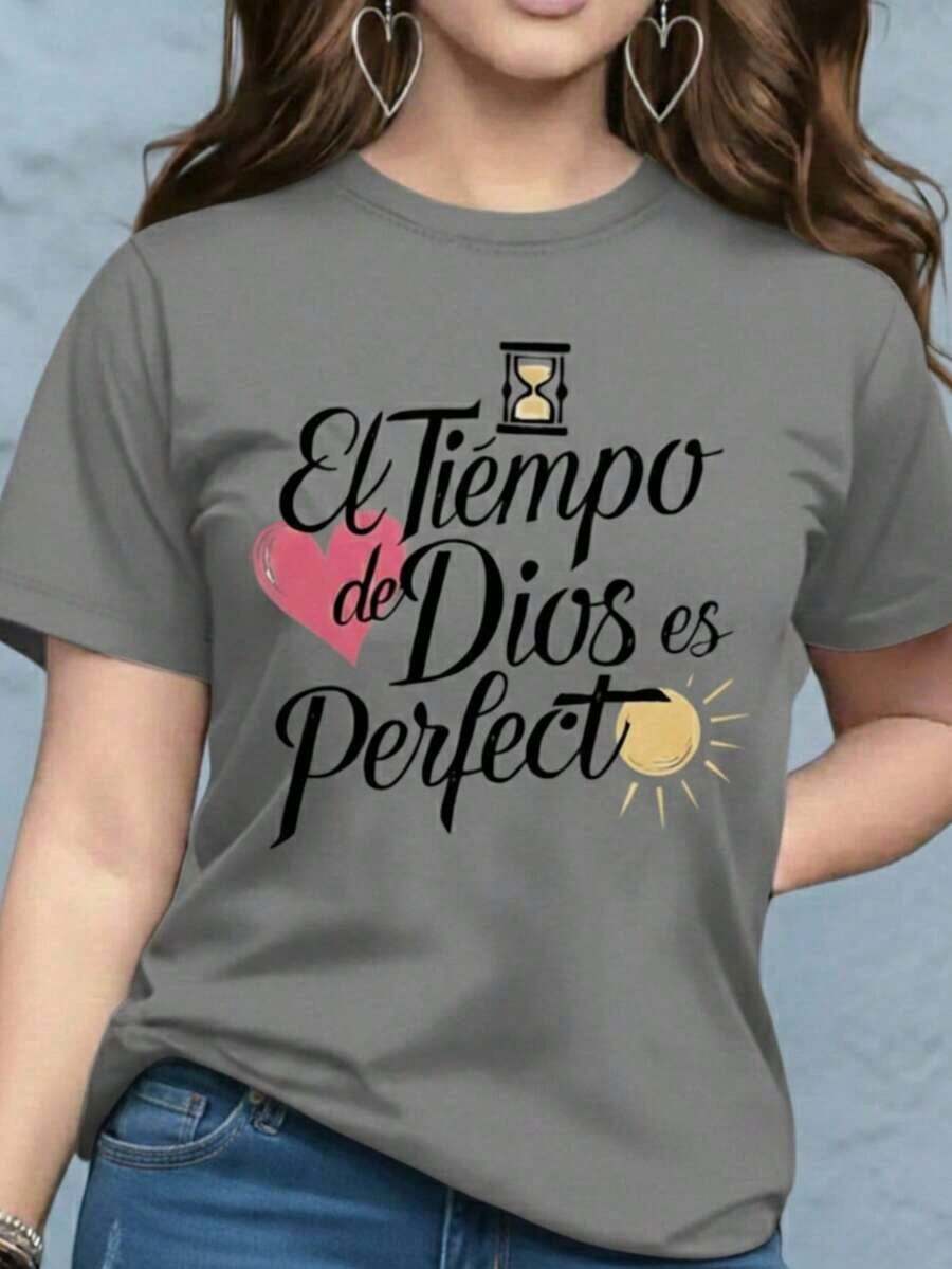 Women's Graphic Print T-Shirt Blouse, Casual Style, Love Print, Couples, Heart, February, Regular Fit, Soft Material, Crew Neck, Short Sleeves, Everyday Wear, Day Or Night, Street Style, Home, Comfortable, Cool, Lightweight, Modern, Youthful, Urban Aesthetic, Spring, Summer, Beach, Heat, Y2K, Feminine, Religious Phrase, God's Timing Is Perfect, Christian Lettering, Heart - 灰色帶黑色 - 查看 1