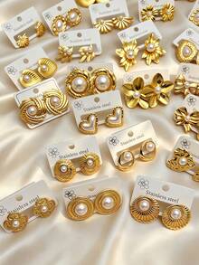 70pcs/35pairs - A Set Of Exquisite And Elegant Pearl Earrings, Suitable For Women To Wear, Including Thick And Bold Gold Earrings Decoration, With Beautiful Flower, Gold Drop, Hoop And Asymmetrical Geometric Patterns In Multiple Styles, Can Be Matched According To Different Occasion Needs. - Random Earring Set - View 6