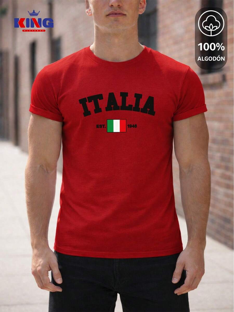 King T-shirt Playera 100% algodón de excelente calidad, esta playera garantiza una suavidad excepcional al tacto, cuello redondo con estampado "Italia Est. 1946 Flag" y manga corta - Rojo - Ver 1