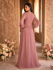 SUPGIR Women V-Neck Long Sleeve Waist Handmade 3D Floral Decor High Slit Dress, Elegant Evening Gown, Party Dress, Wedding Guest Dress, Formal Dress Spring - 藕粉色 - 查看 5