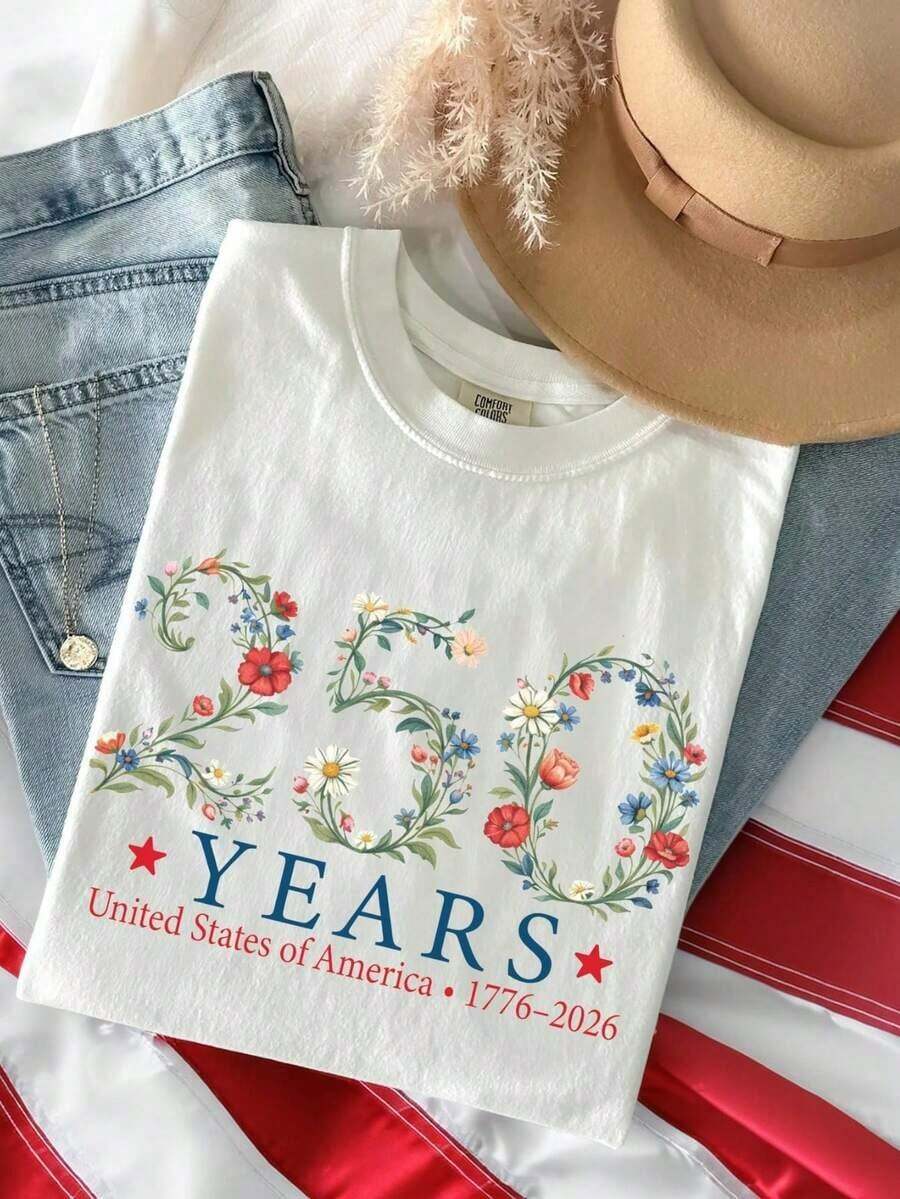 1 pieza Artsadd USA Camiseta Floral para Celebrar el 250º Aniversario, Camiseta Patriótica Botánica con Bandera Americana, Celebración de la Libertad 1776–2026, 180g Algodón 100% - 1-blanco - Ver 1