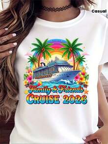 Camiseta casual para mujer% algodón, estampada con las palabras Friendship Cruise Trip 2026, decorada con motivos de barcos de crucero, palmeras,íris, flores tropicales y playas. Adecuada para todas las estaciones, se puede usar como capa base en primavera y otoño o sola en verano. Estilo unisex, perfecta para amigas. Camiseta moderna de algodón de alta calidad. - blanco - Ver 7