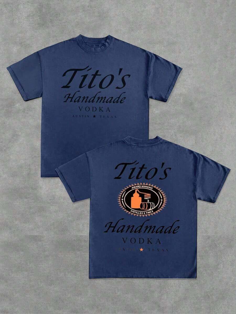 Tito's Handmade Vodka - Brand - Inspired Black T - Shirt - Front And Back With "Tito's Handmade Vodka" Typography And Logo! 100% Cotton Double - Sided Printed T - Shirt,1pac - 藏蓝色 - 查看 1