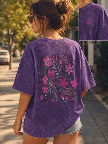 Women's Fun Plant-Embossed And Fashionable Floral Cartoon Letter Print Street Style, Korean-Style Comfortable Retro Fashion Commuting Versatile Y2K Women's Clothing, Regular Niche Punk Style Black Fitted Round Neck Short-Sleeved Washed T-Shirt, Double-Sided Printing,Washed Retro Series Comfortable Pure Cotton T-Shirt, Easily Create Retro Casual Wear, Suitable For Daily Commuting, Casual Outings, And Everyday Wear, Classic Retro Style Women's Clothing. - Màu tím  Violet - Xem 2