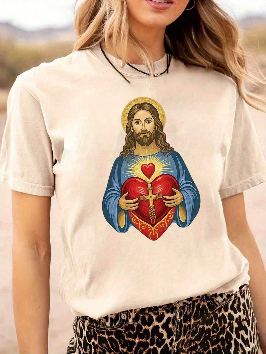 Soft Catholic Religious T-Shirt For Women - Sacred Heart Of Jesus With Golden Halo And Cross Symbol - Short Sleeve Round Neck Casual (Gray, White, Dark Red) - Faith Clothing For Church, Prayer, Casual Wear - 杏 - 查看 1