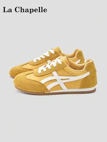 La Chapelle Women's Thick Sole Lace-Up Soft Bottom Casual Sneakers, Low-Top Flat Outdoor Commuter Shoes, Round Toe Low Heel Solid Color Elegant Soft Bottom Hiking Shoes, Suitable For Students Graduation Photo, Women's Low-Top Microfiber Sports Skateboard Shoes - Lemon Yellow - View 1
