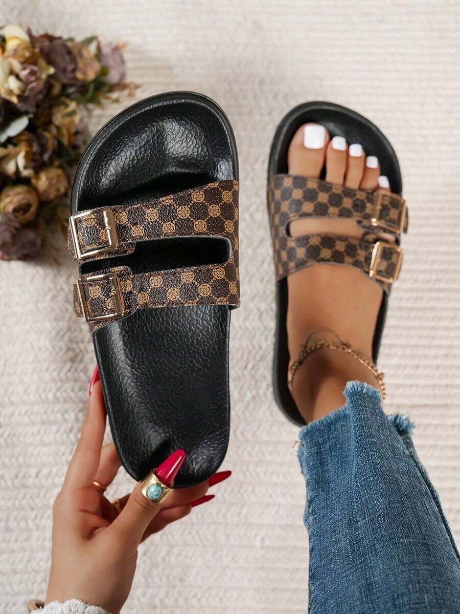 Elegant, Soft, Comfortable, Minimalist And Versatile Women's Sandals With Chain Decoration, Casual Flat Slippers For Indoor And Outdoor Use - 棕色的 - 查看 1