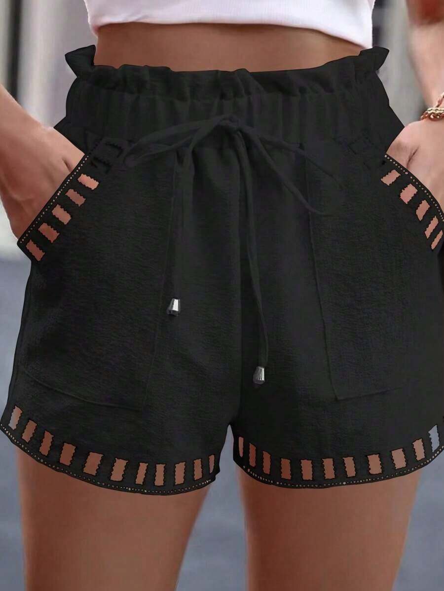 Pantalones cortos casuales sueltos con cintura de corbata a rayas para mujer - Negro - Ver 1