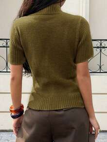 Blusa de punto de cuello alto de unicolor de manga corta para mujer, para todas las estaciones - Verde Oliva - Ver 2