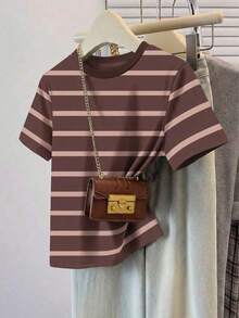 Frenchy Camiseta de manga corta holgada con cuello redondo, estilo asimétrico a rayas, minimalista y casual, versátil, adecuada para primavera/verano y temporada deportiva - Multicolor 13 - Ver 1