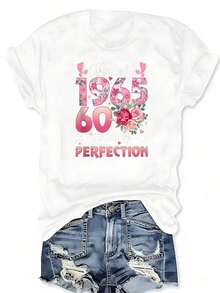 Hecho en 1965, Regalos de Cumpleaños para Mujeres de 60 Años, Camiseta con Estampado Floral, Manga Corta, Cuello Redondo, Top Casual para Verano y Primavera, Ropa de Tallas Grandes para Mujer - Blanco - Ver 3