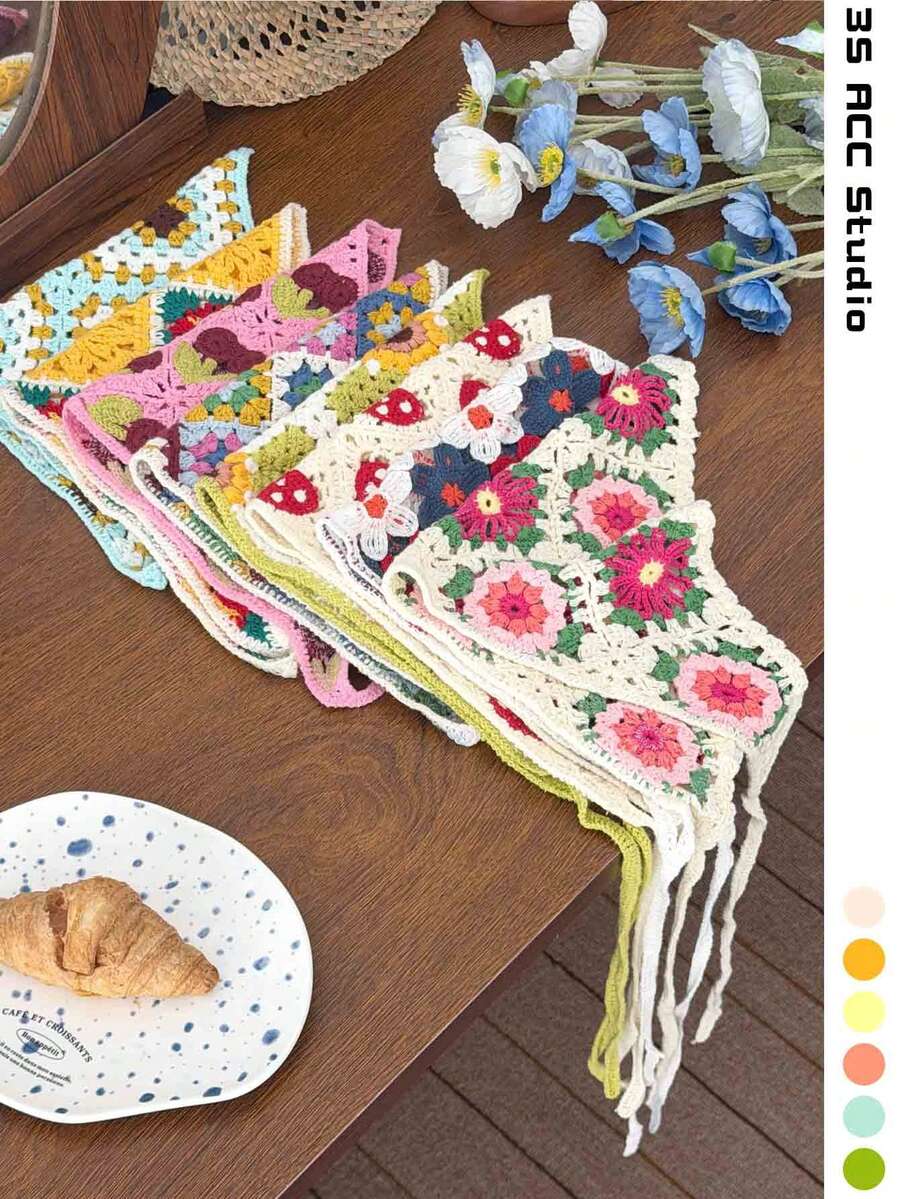 夏季海灘防曬頭巾,女款波西米亞風度假穿搭,手工編織三角巾,鉤針髮帶,鄉村風頭巾夏季髮飾海灘圍巾度假女款頭巾 - 彩色 - 查看 1