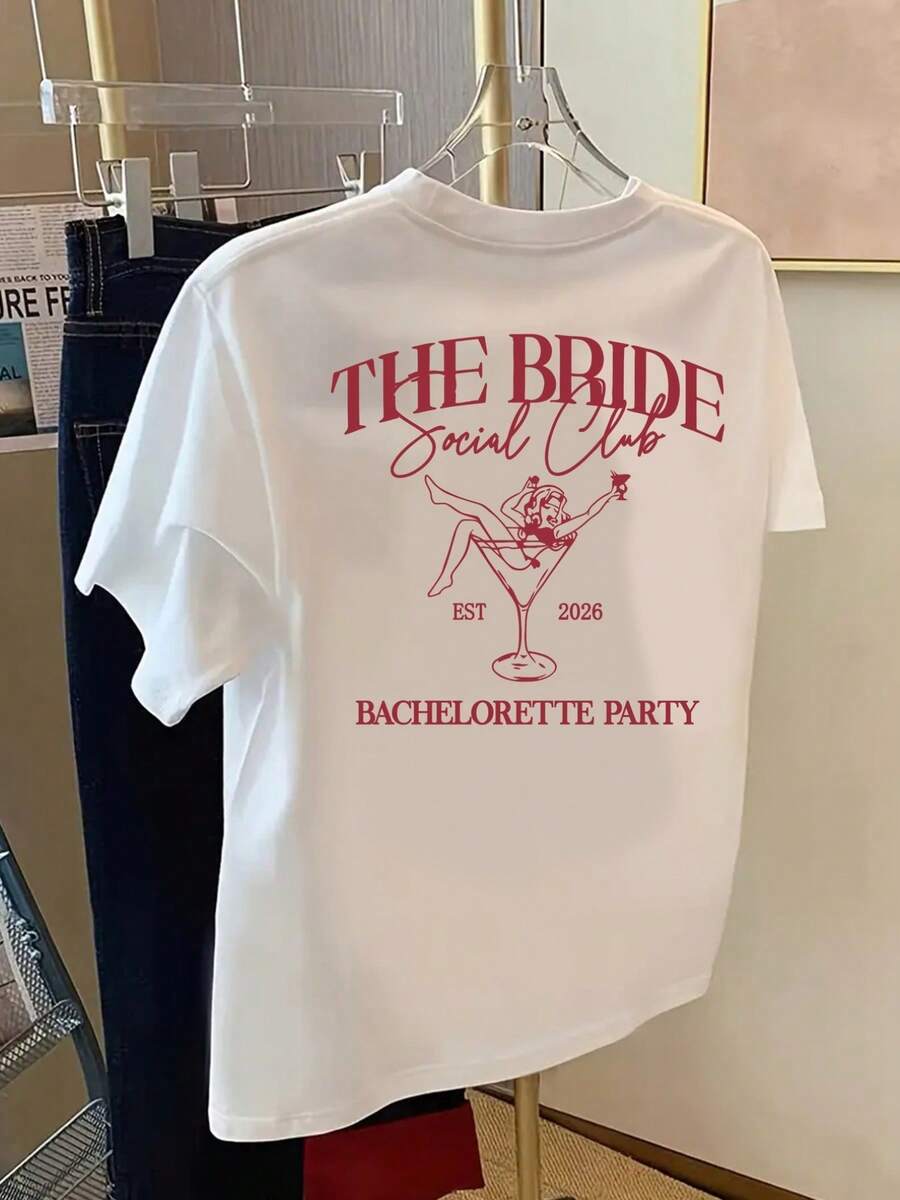Camiseta The Bride Social , estampado para despedida de soltera, manga corta, cuello redondo, top casual para verano y primavera, ropa de mujer - Blanco - Ver 1