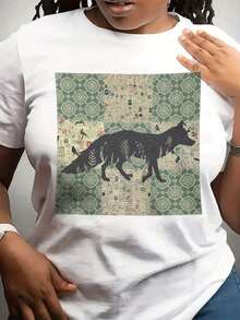 1 Piece Women's Black T-Shirt - Vintage Fox Silhouette With Teal Floral Patterns, Soft Everyday T-Shirt For Women, Machine Washable, Lounge And Party T-Shirt, Ladies T-Shirts, Artistic Style T-Shirt, Comfortable Fit T-Shirt, Relaxed Fit, 180g 100% Cotton. - 白色 - 查看 12