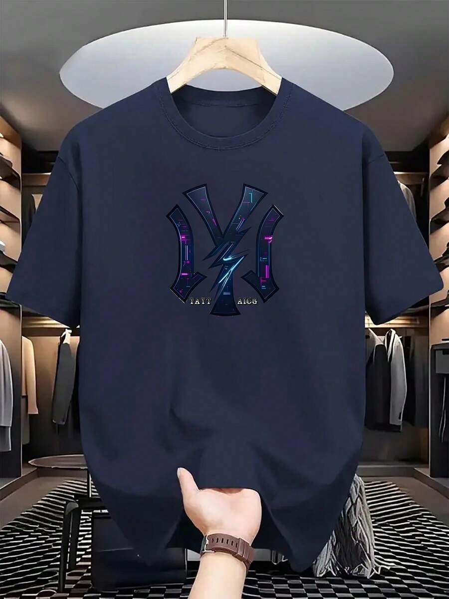 New Body-Friendly Plus Size Sports T-Shirt, Breathable And Comfortable Classic Cute Quick-Drying Men's Crew Neck T-Shirt, Soft To The Touch And Comfortable Fashionable White T-Shirt - 海軍藍 - 查看 1