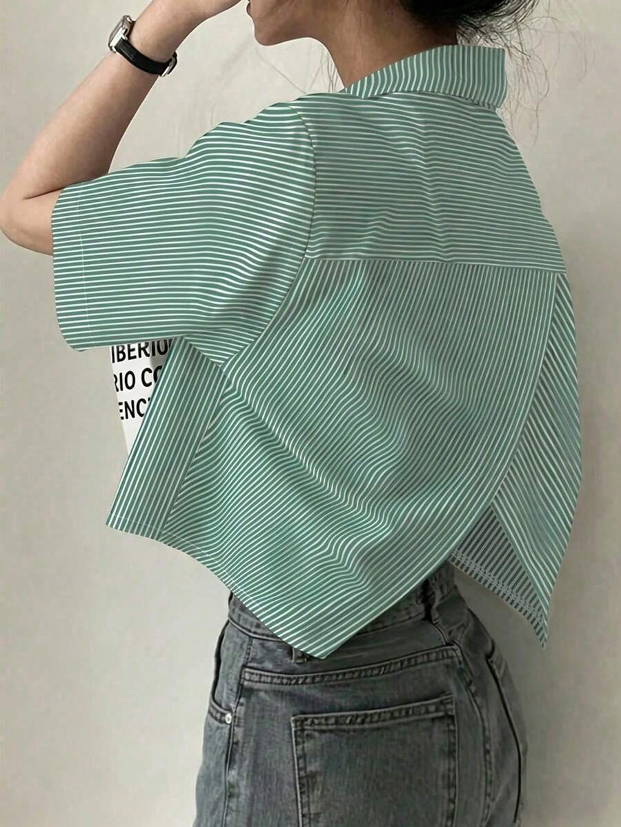 女款不對稱交叉鈕扣休閒條紋短袖襯衫 夏季 - 多色3 - 查看 1