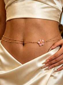 Dây đeo eo hai lớp hình hoa sứ phong cách Boho gợi cảm, có thể điều chỉnh, đính hạt, thích hợp cho bikini, trang sức mùa hè đi biển, kỳ nghỉ, quà tặng cho phụ nữ, đeo hàng ngày và dự tiệc. - Vàng - Xem 4