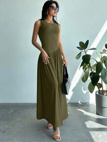 Vestido largo de color verde oliva de uso diario simple para mujer, sin mangas con cintura fruncida - Rosa - Ver 9