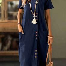 MewMuse. Faunlyn Vestido de bolsillo doble con botones frontales de unicolor para vacaciones casual - Blanco - Ver 4