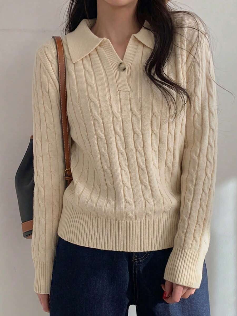 女士纯色优雅高领长袖麻花针织宽松休闲毛衣上衣,秋冬款 - 杏色 - 查看 1