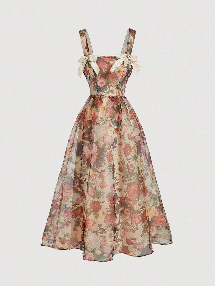 xheSHEIN MOD Vestido largo vintage con estampado floral color albaricoque y lazo, vestido de graduación color albaricoque, vestido de mujer, vestido elegante para mujer, vestidos de graduación, vestido, vestidos de verano para mujerxhe - Albaricoque - Ver 1