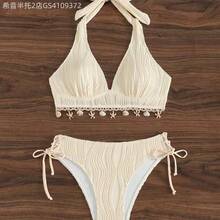 Soqi Women's Clothing  2 piezas Conjunto de bikini de top halter con decoración de concha y Bottom triangular en V con estampado floral de color albaricoque para mujer, ideal para vacaciones de verano en la playa - Blanco - Ver 4