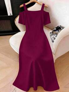 Vestido elegante de unicolor con hombros descubiertos, manga corta y bajo con abertura para mujer de talla grande - Burdeos - Ver 2