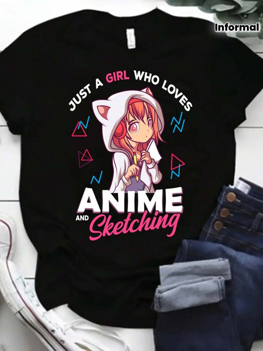 Camiseta de manga corta con cuello redondo y estampado de anime, camiseta casual para primavera y verano, ropa de mujer