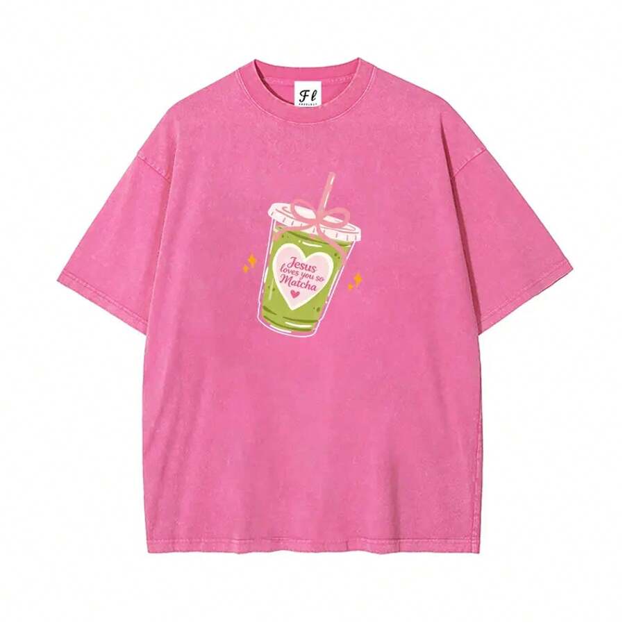 Jesús te ama, así que camiseta vintage lavada estilo coquette color matcha. | Camiseta para Amantes del Matcha Cristianos, Camiseta Retro Cristiana "Jesus Loves You So Matcha" Estilo Coquette | Top Oversize Matcha Faith - Rosa - Ver 1