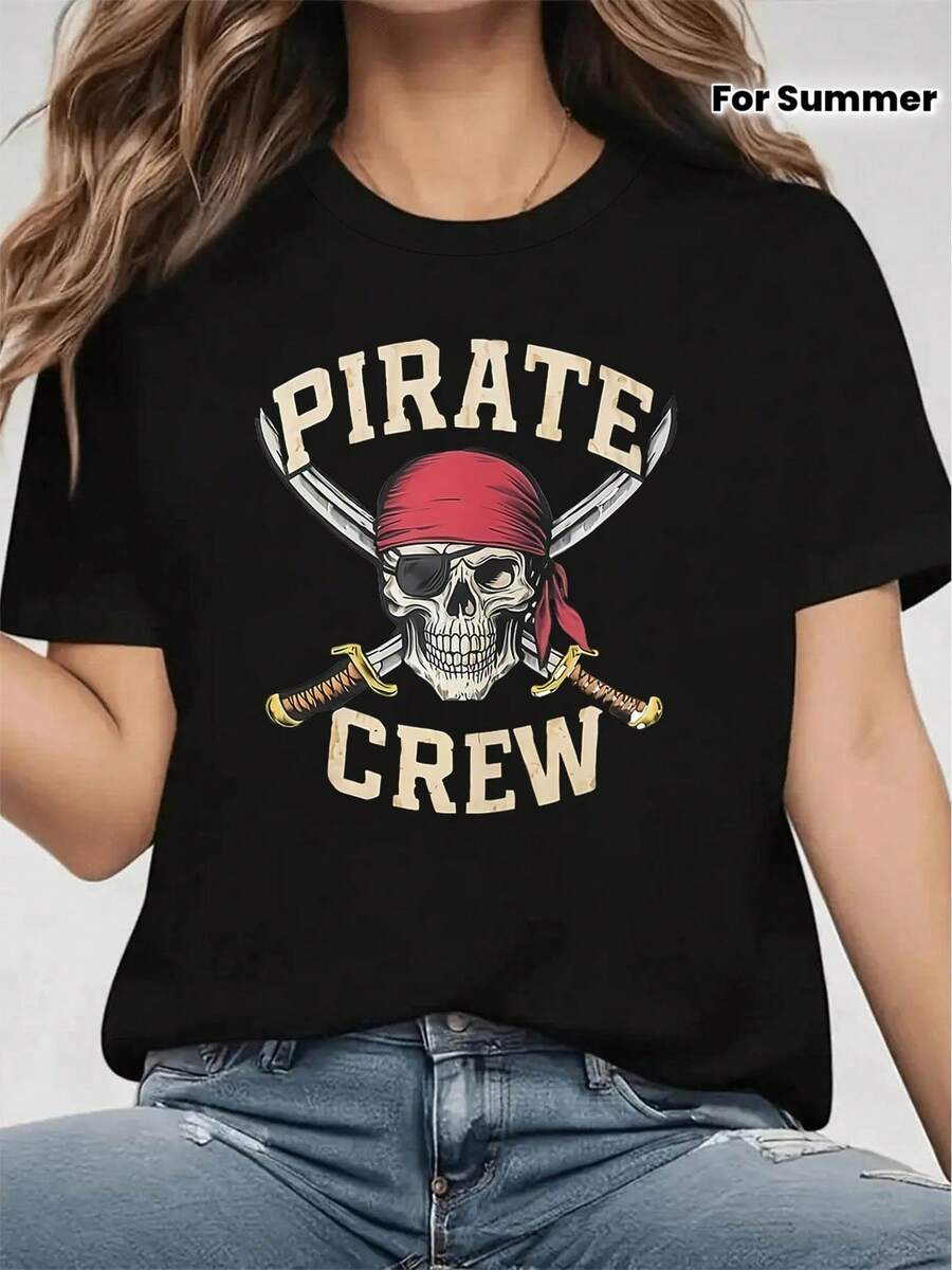 Camiseta de moda aventurera con estampado de calavera de tripulación pirata, manga corta y cuello redondo, top casual para verano y primavera, ropa de mujer - Negro - Ver 1