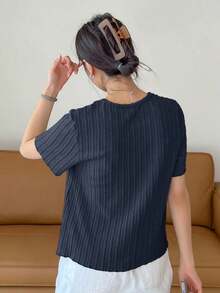 Camiseta Sólida Texturizada Con Ribete De Lechuga - Azul marino - Ver 2