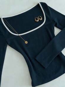 Camiseta de manga larga de cuello cuadrado azul marino de corte ajustado, de estilo minimalista, adecuada para primavera, verano, otoño e invierno.Camiseta de moda, regalo de estilo casual minimalista para hermanos, hermanas, mamá, Día de la Madre - azul real - Ver 4
