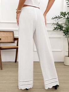 Pantalones anchos de pierna ancha de satén negro de larga duración con ajuste cómodo para mujeres, pantalones de satén negro, pantalones de seda para mujeres, pantalones de satén negro, pantalones de seda negra, pantalones casuales para mujeres - Blanco - Ver 2